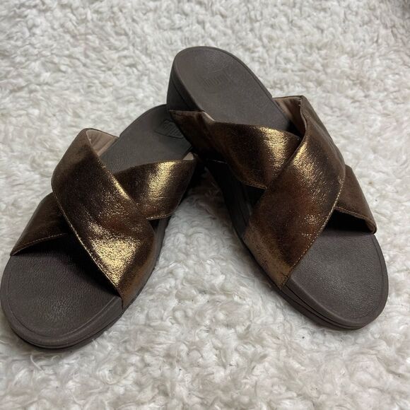 FitFlop Lulu Cross Straps Sandal Womens Slides Wedge Metallic Bronze SZ9 - Picture 1 of 10